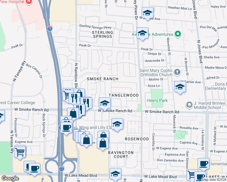 map of restaurants, bars, coffee shops, grocery stores, and more near 6544 Gumwood Road in Las Vegas