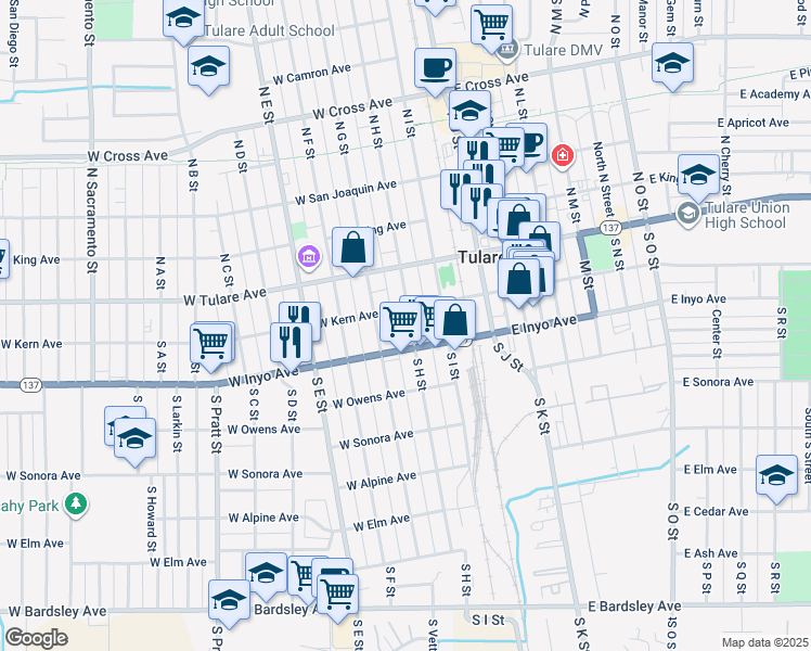 map of restaurants, bars, coffee shops, grocery stores, and more near 221 South H Street in Tulare