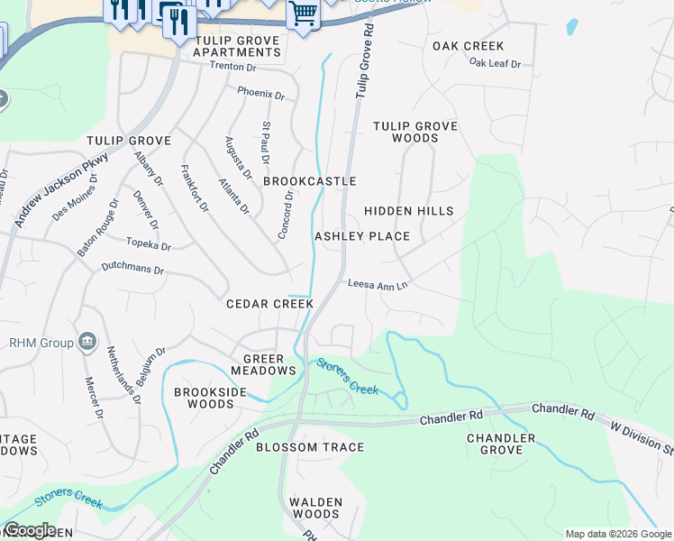 map of restaurants, bars, coffee shops, grocery stores, and more near 632 Tulip Grove Road in Nashville