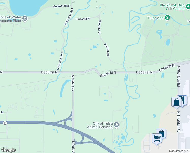 map of restaurants, bars, coffee shops, grocery stores, and more near 5246 East 36th Street North in Tulsa
