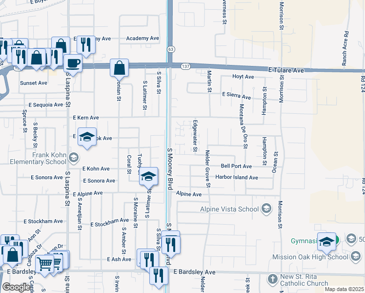 map of restaurants, bars, coffee shops, grocery stores, and more near 528 Descanso Bay Circle in Tulare