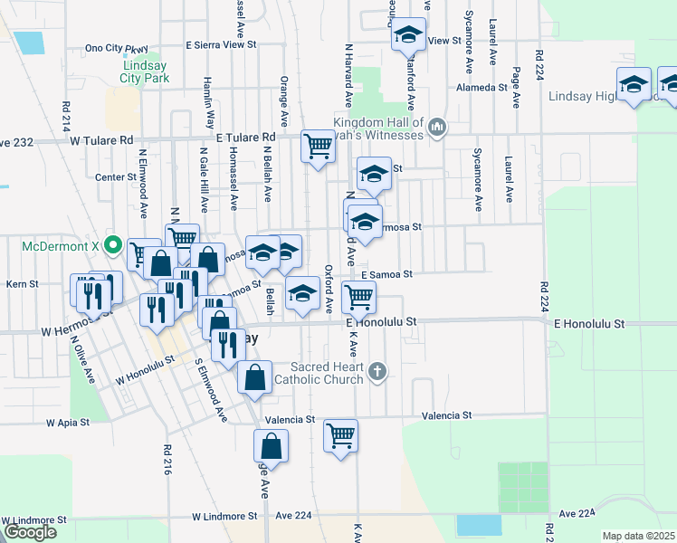 map of restaurants, bars, coffee shops, grocery stores, and more near 206 Oxford Ave in Lindsay