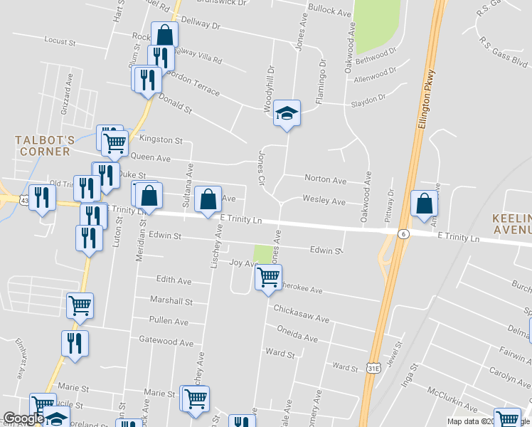 map of restaurants, bars, coffee shops, grocery stores, and more near 429 E Trinity Ln in Nashville