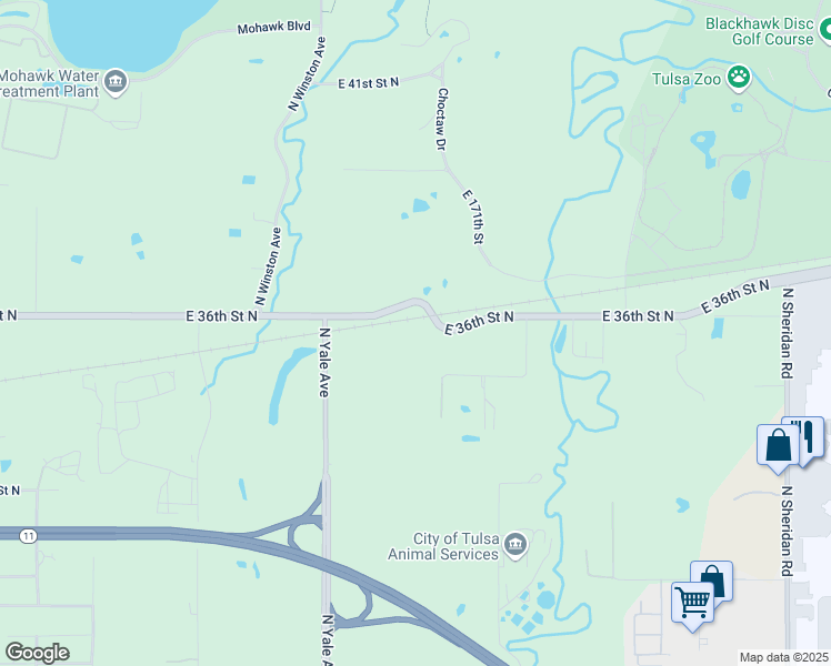 map of restaurants, bars, coffee shops, grocery stores, and more near 5246 East 36th Street North in Tulsa