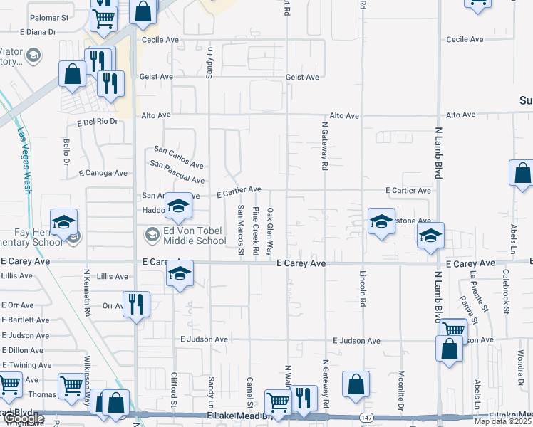 map of restaurants, bars, coffee shops, grocery stores, and more near 2541 Oak Glen Way in Las Vegas