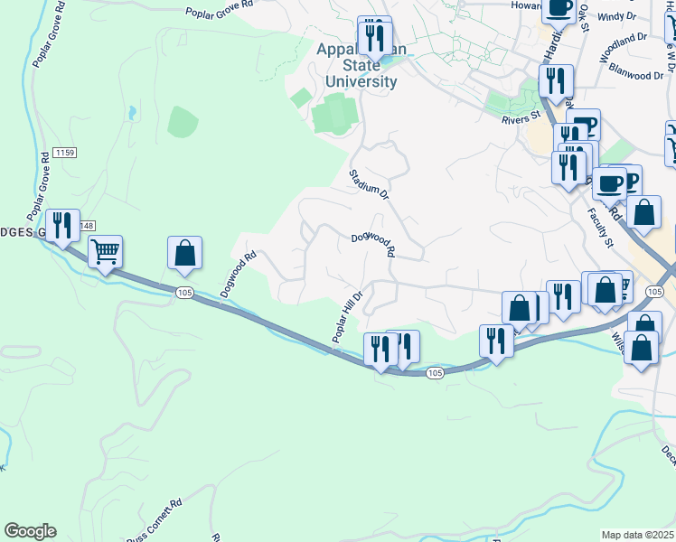 map of restaurants, bars, coffee shops, grocery stores, and more near 166 Coventry Lane in Boone
