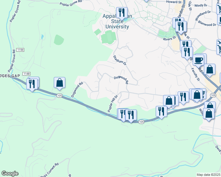 map of restaurants, bars, coffee shops, grocery stores, and more near 166 Coventry Lane in Boone