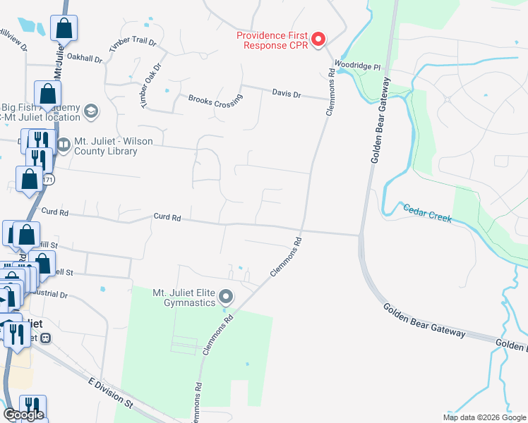 map of restaurants, bars, coffee shops, grocery stores, and more near 1004 Somerset Trce in Mount Juliet