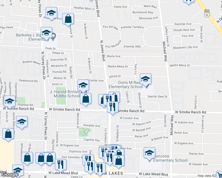 map of restaurants, bars, coffee shops, grocery stores, and more near 2550 North Jones Boulevard in Las Vegas