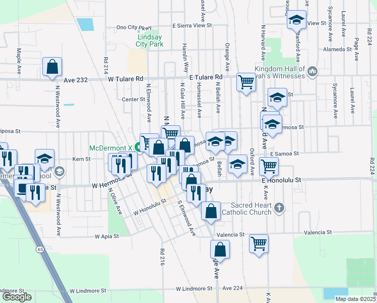 map of restaurants, bars, coffee shops, grocery stores, and more near 266 East Hermosa Street in Lindsay