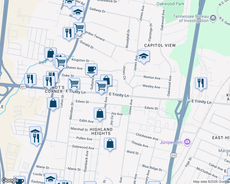 map of restaurants, bars, coffee shops, grocery stores, and more near 411 E Trinity Ln in Nashville
