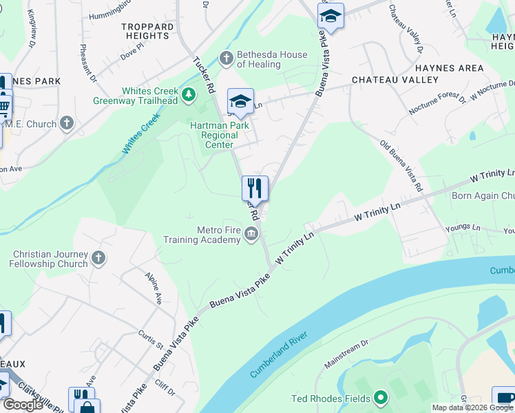 map of restaurants, bars, coffee shops, grocery stores, and more near 2700 Tucker Road in Nashville