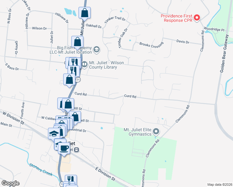 map of restaurants, bars, coffee shops, grocery stores, and more near 243 Curd Road in Mt. Juliet