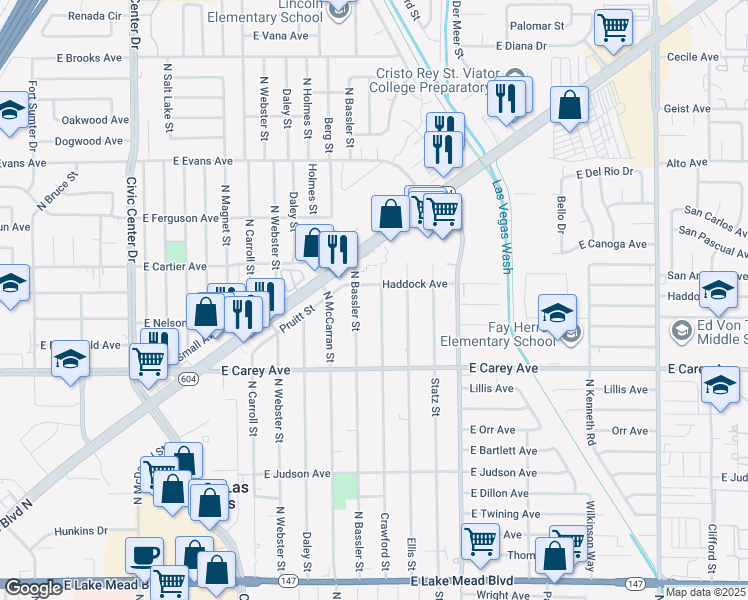 map of restaurants, bars, coffee shops, grocery stores, and more near 2527 North Crawford Street in North Las Vegas