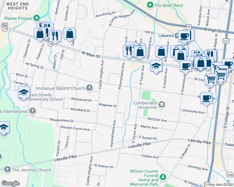 map of restaurants, bars, coffee shops, grocery stores, and more near 212 Pennsylvania Avenue in Lebanon