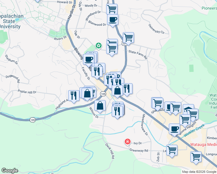 map of restaurants, bars, coffee shops, grocery stores, and more near 1023 Blowing Rock Road in Boone