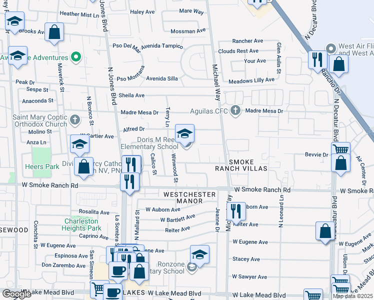 map of restaurants, bars, coffee shops, grocery stores, and more near 2501 Winwood Street in Las Vegas