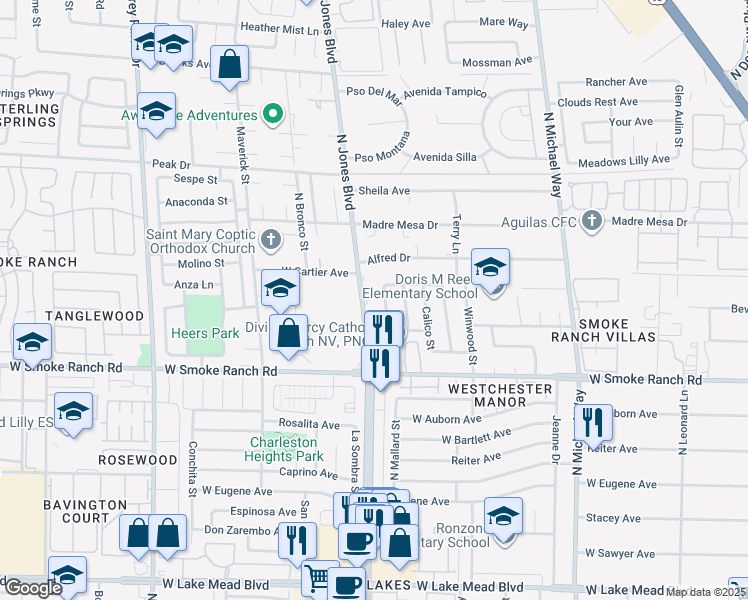 map of restaurants, bars, coffee shops, grocery stores, and more near 2550 North Jones Boulevard in Las Vegas