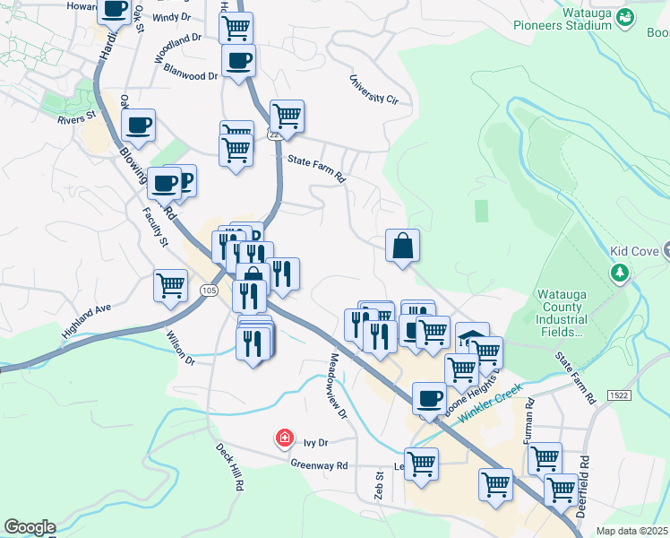 map of restaurants, bars, coffee shops, grocery stores, and more near in Boone
