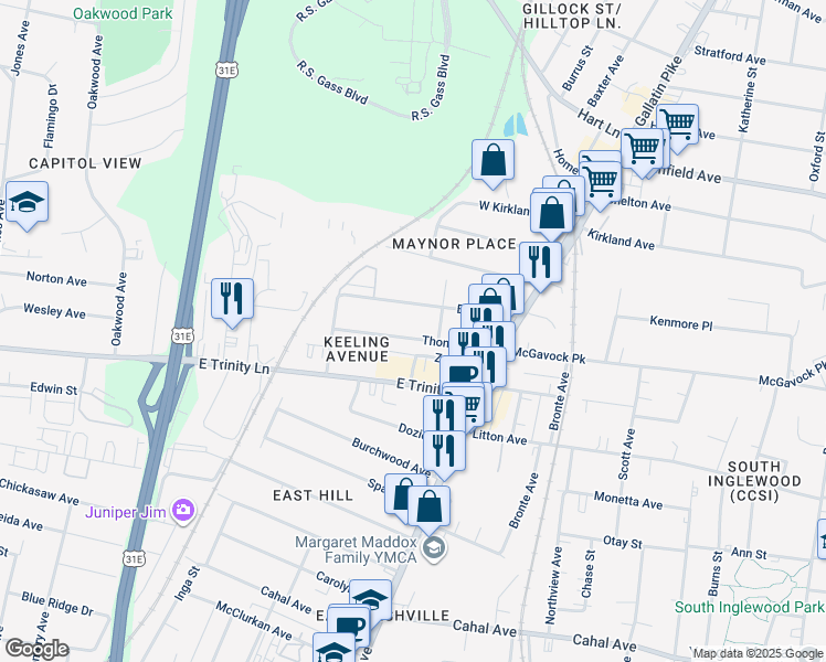 map of restaurants, bars, coffee shops, grocery stores, and more near 933 Thomas Avenue in Nashville