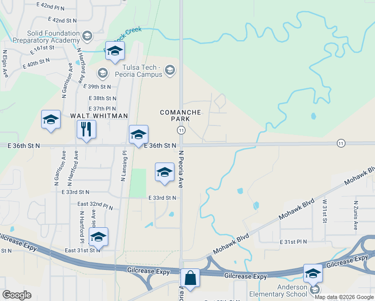 map of restaurants, bars, coffee shops, grocery stores, and more near 3525 North Peoria Avenue in Tulsa