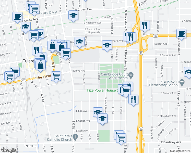 map of restaurants, bars, coffee shops, grocery stores, and more near 792 Mariposa Avenue in Tulare