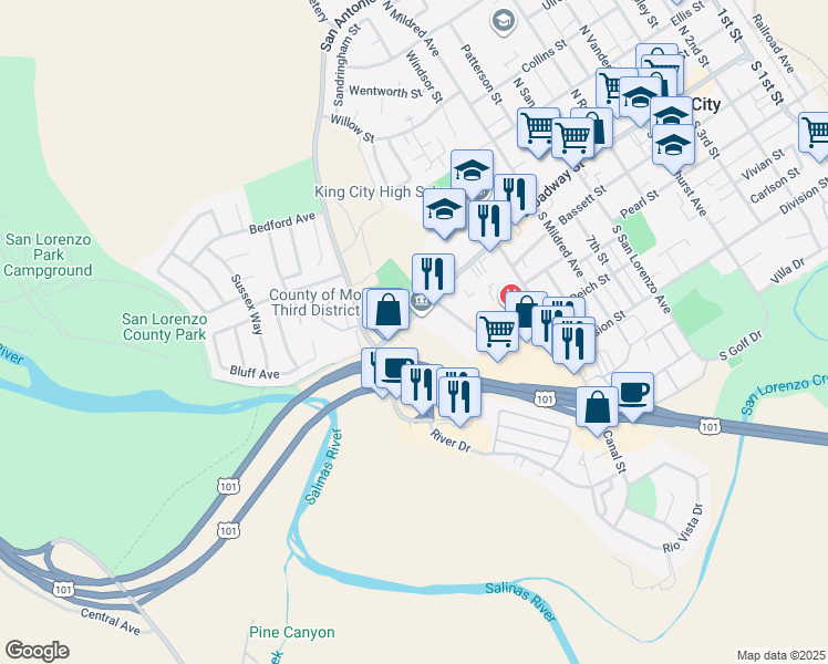 map of restaurants, bars, coffee shops, grocery stores, and more near 1005-1071 County Road G13 in King City