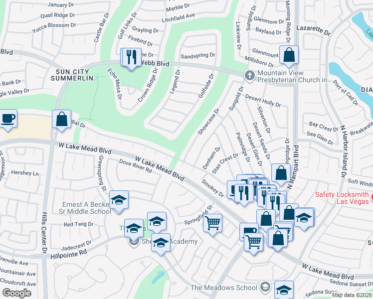map of restaurants, bars, coffee shops, grocery stores, and more near 2505 Showcase Drive in Las Vegas