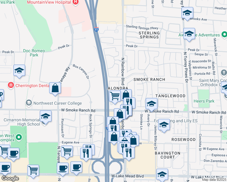 map of restaurants, bars, coffee shops, grocery stores, and more near 2451 North Rainbow Boulevard in Las Vegas