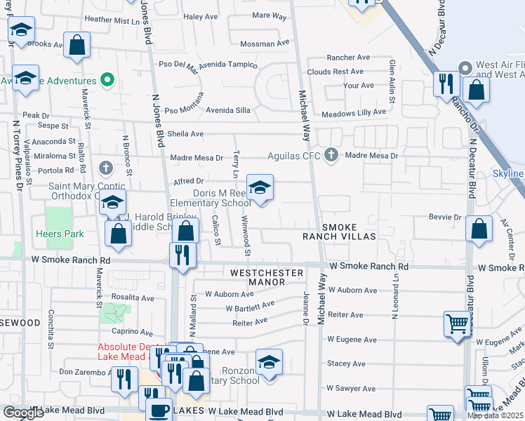 map of restaurants, bars, coffee shops, grocery stores, and more near 2501 Winwood Street in Las Vegas