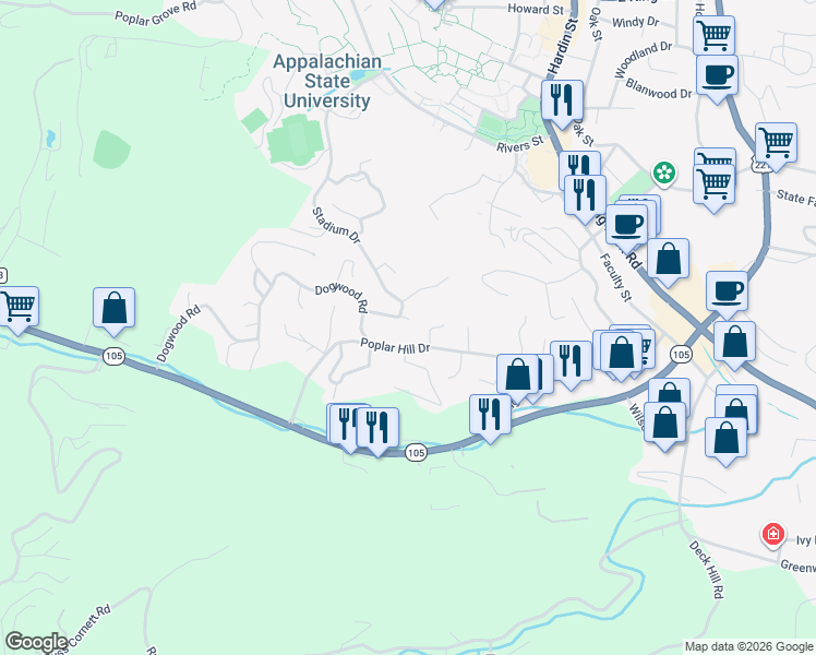 map of restaurants, bars, coffee shops, grocery stores, and more near 120 View Point Lane in Boone