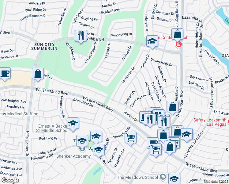 map of restaurants, bars, coffee shops, grocery stores, and more near 2505 Showcase Drive in Las Vegas