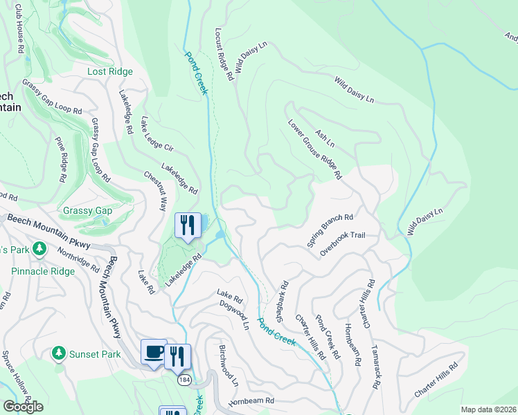 map of restaurants, bars, coffee shops, grocery stores, and more near 221 Greenbriar Road in Beech Mountain