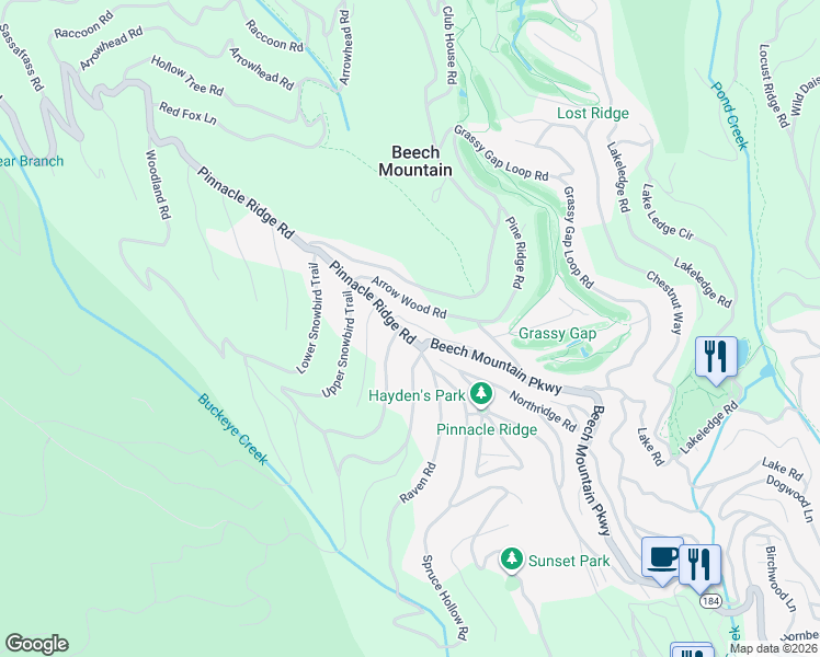 map of restaurants, bars, coffee shops, grocery stores, and more near 104 Pinnacle Ridge Road in Beech Mountain