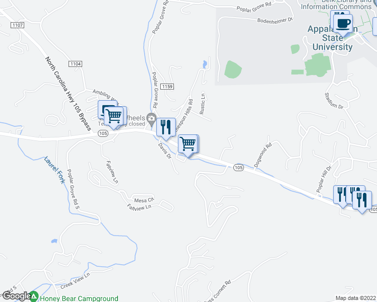 map of restaurants, bars, coffee shops, grocery stores, and more near 2586 Highway 105 in Boone