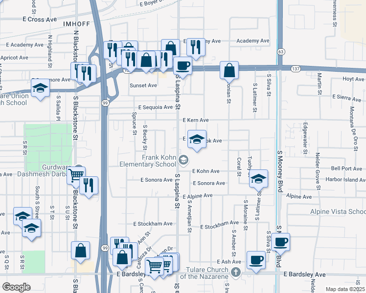 map of restaurants, bars, coffee shops, grocery stores, and more near 495 South Laspina Street in Tulare