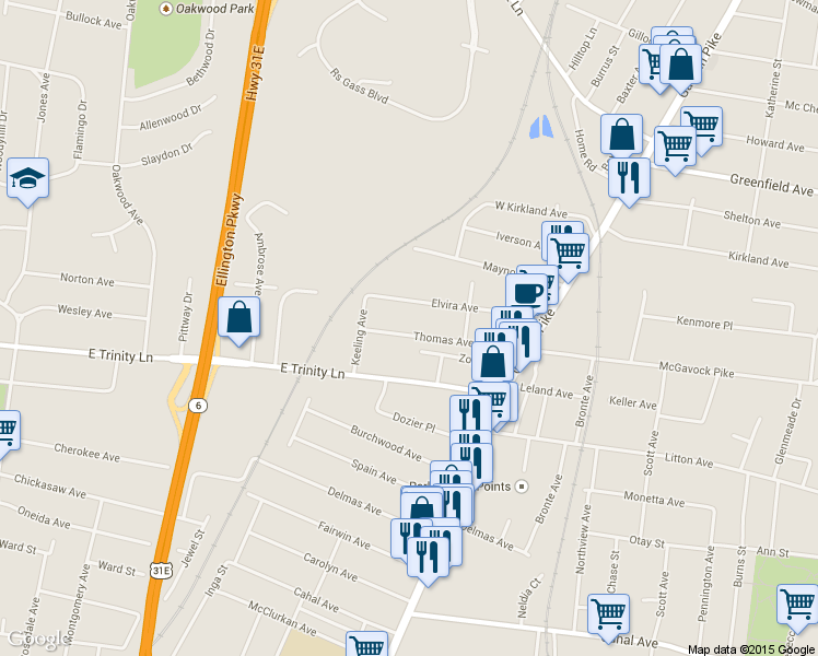 map of restaurants, bars, coffee shops, grocery stores, and more near 917 Thomas Avenue in Nashville