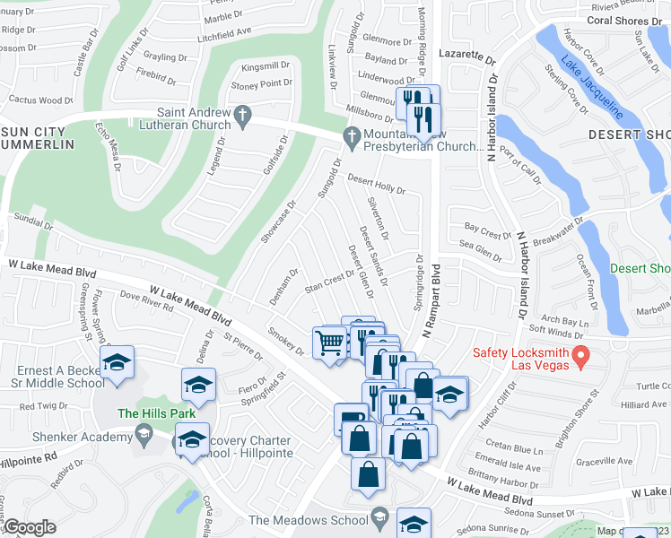 map of restaurants, bars, coffee shops, grocery stores, and more near 2505 Palmridge Drive in Las Vegas