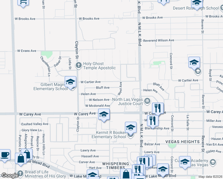 map of restaurants, bars, coffee shops, grocery stores, and more near 1800 Helen Avenue in North Las Vegas