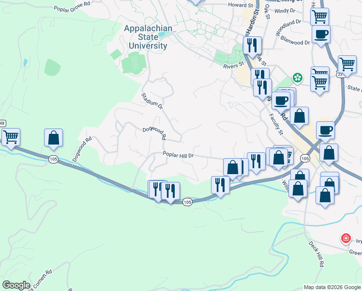 map of restaurants, bars, coffee shops, grocery stores, and more near 120 View Point Lane in Boone