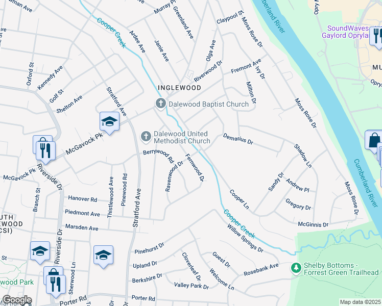 map of restaurants, bars, coffee shops, grocery stores, and more near 2309 Fernwood Drive in Nashville