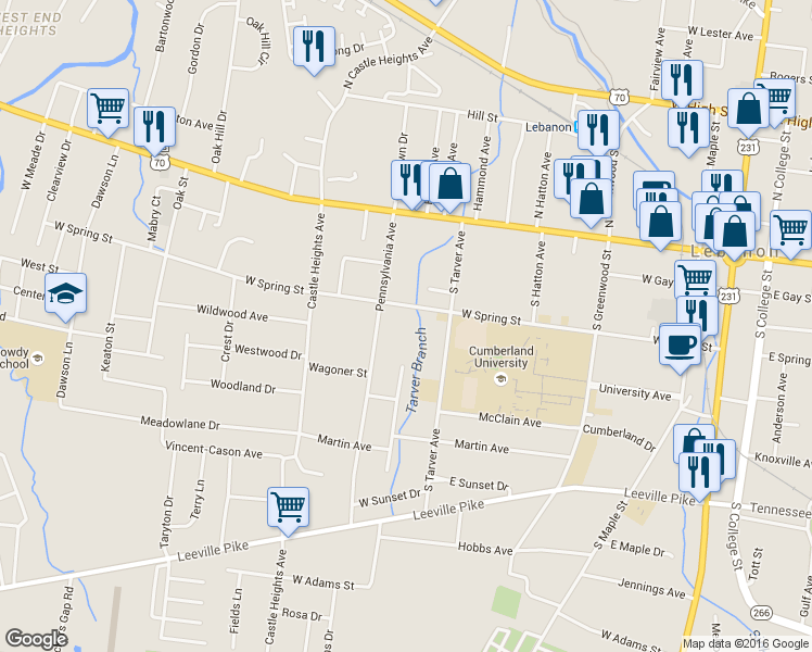 map of restaurants, bars, coffee shops, grocery stores, and more near 516 West Spring Street in Lebanon