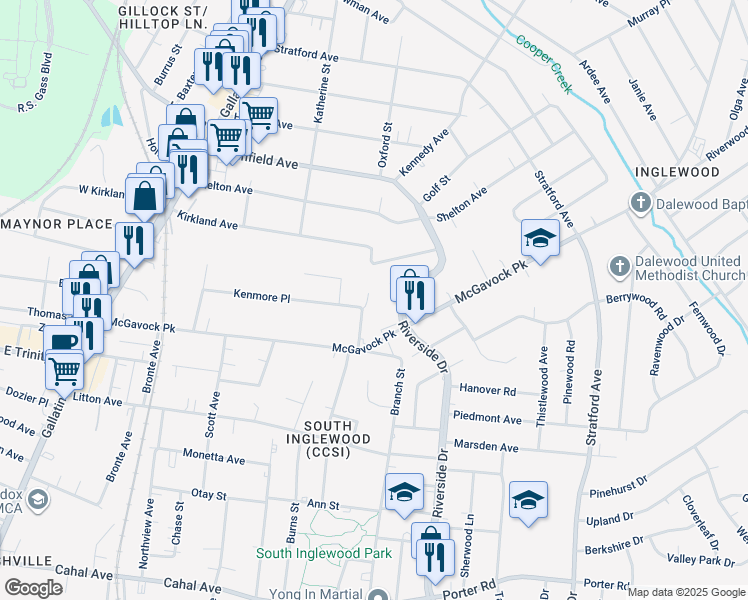 map of restaurants, bars, coffee shops, grocery stores, and more near 3116 Oxford Street in Nashville
