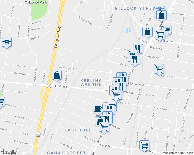 map of restaurants, bars, coffee shops, grocery stores, and more near 917 Thomas Avenue in Nashville