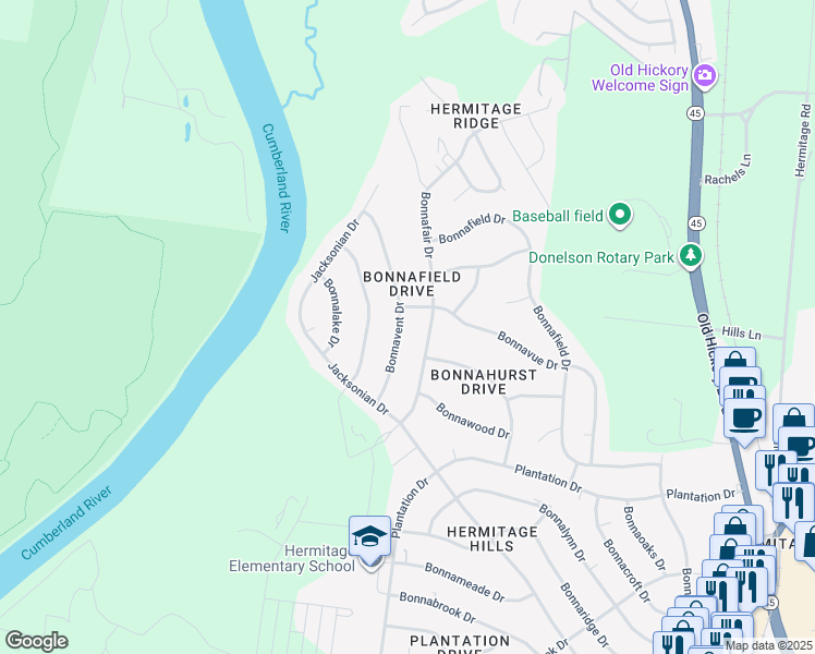 map of restaurants, bars, coffee shops, grocery stores, and more near 7020 Bonnavent Drive in Nashville