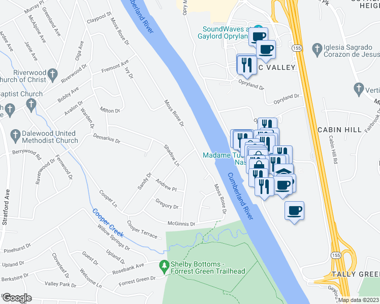 map of restaurants, bars, coffee shops, grocery stores, and more near 2813 Cooper Lane in Nashville