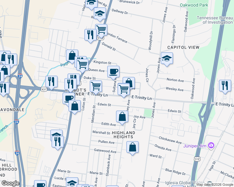map of restaurants, bars, coffee shops, grocery stores, and more near 325 East Trinity Lane in Nashville