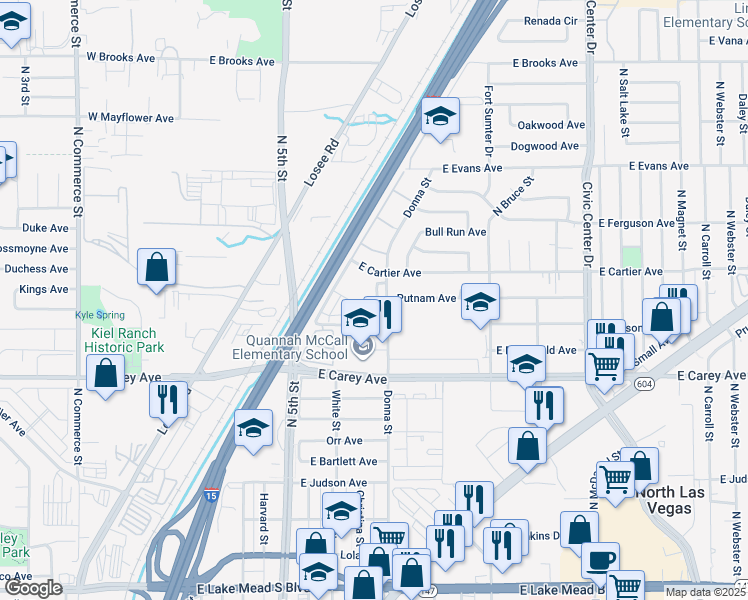 map of restaurants, bars, coffee shops, grocery stores, and more near 2525 Donna Street in North Las Vegas