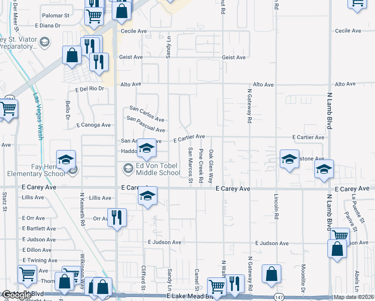 map of restaurants, bars, coffee shops, grocery stores, and more near 2549 San Marcos Street in Las Vegas