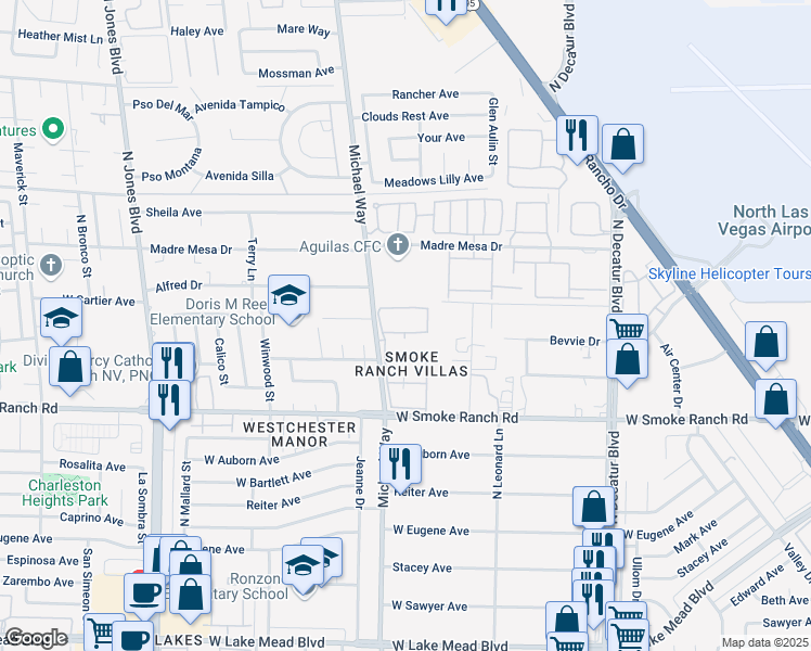 map of restaurants, bars, coffee shops, grocery stores, and more near 5424 Comchec Way in Las Vegas